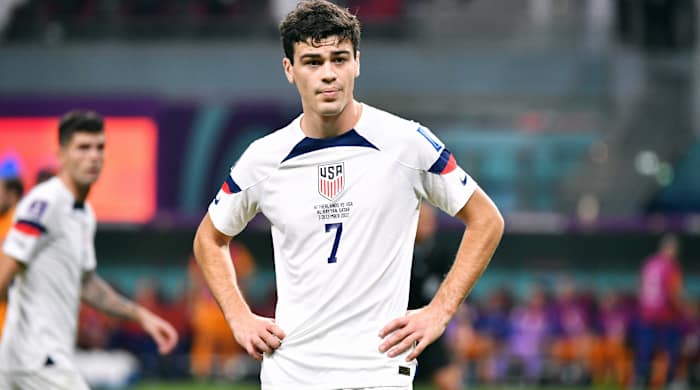 USMNT forward Gio Reyna looks on during the U.S.’s 3–1 loss to the Netherlands at the World Cup.